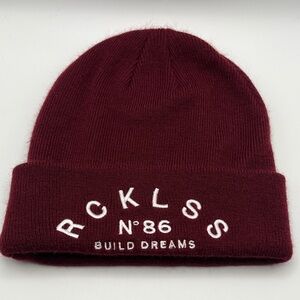 Young & Reckless Maroon Knit Cuffed Beanie with White Embroidery